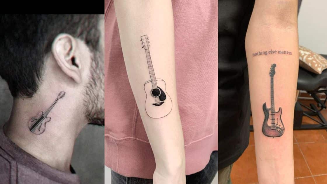 Meaningful small guitar tattoo